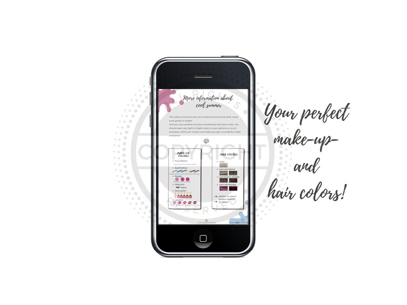 K&ouml;nnte beinhalten: Ein Smartphone-Bildschirm zeigt einen Leitfaden, um die perfekten Make-up- und Haarfarben zu finden. Der Leitfaden enth&auml;lt Informationen &uuml;ber k&uuml;hle Sommerfarbpaletten und listet Make-up- und Haarfarbenoptionen auf.