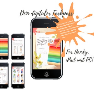 Könnte beinhalten: Ein digitaler Farbpass für Frühlingstypen. Der Guide enthält 30 Farben mit Namen, Farbkombinationen und Ideen für Make-up, Haare und Business-Outfits. Der Guide ist für die Verwendung auf Handy, Tablet oder Computer verfügbar.