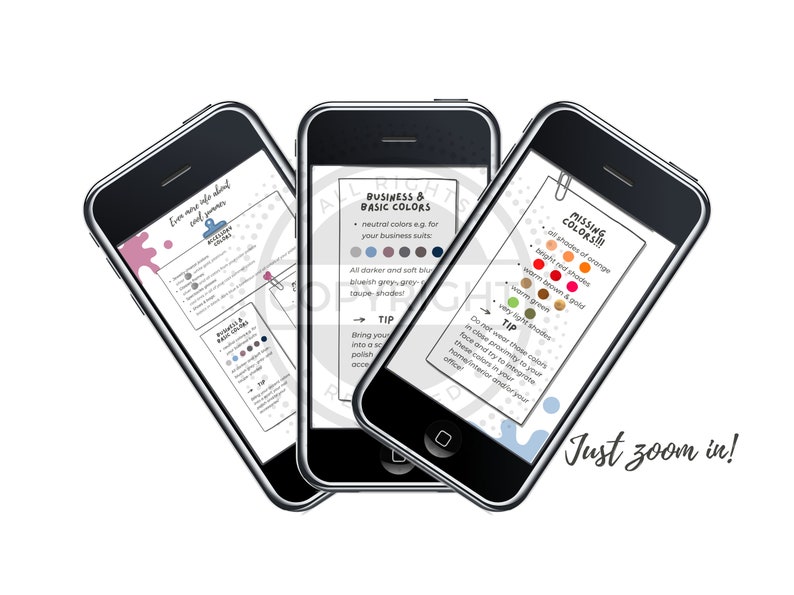 K&ouml;nnte beinhalten: Drei Smartphone-Bildschirme, die einen Farbguide f&uuml;r Business und Grundfarben zeigen. Der Guide enth&auml;lt einen Farbkreis mit verschiedenen Blaut&ouml;nen, Graut&ouml;nen und Braunt&ouml;nen. Der Text auf dem Bildschirm lautet "Business & Basic Colors" und "Missing Colors".