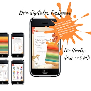 以下が含まれることがあります： 秋の暖色系カラーパレットのためのデジタルカラーガイド。このガイドには、名前付きの30色、カラーコンビネーション、メイクアップ、ヘアスタイル、ビジネスウェアのヒントが含まれています。このガイドは、モバイルデバイス、タブレット、コンピューターでご利用いただけます。