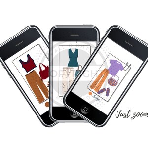 K&ouml;nnte beinhalten: Drei Smartphone-Bildschirme, die verschiedene Kleidungsoutfits anzeigen. Der erste Bildschirm zeigt ein rotes Tanktop, eine braune Hose und eine rote Tasche. Der zweite Bildschirm zeigt ein t&uuml;rkisfarbenes Tanktop, eine beige Hose und einen schwarzen Regenschirm. Der dritte Bildschirm zeigt ein lila T-Shirt, eine orange Hose, eine braune Tasche und lila Sandalen. Der Text "Just zoom in!" ist unter den Bildschirmen sichtbar.
