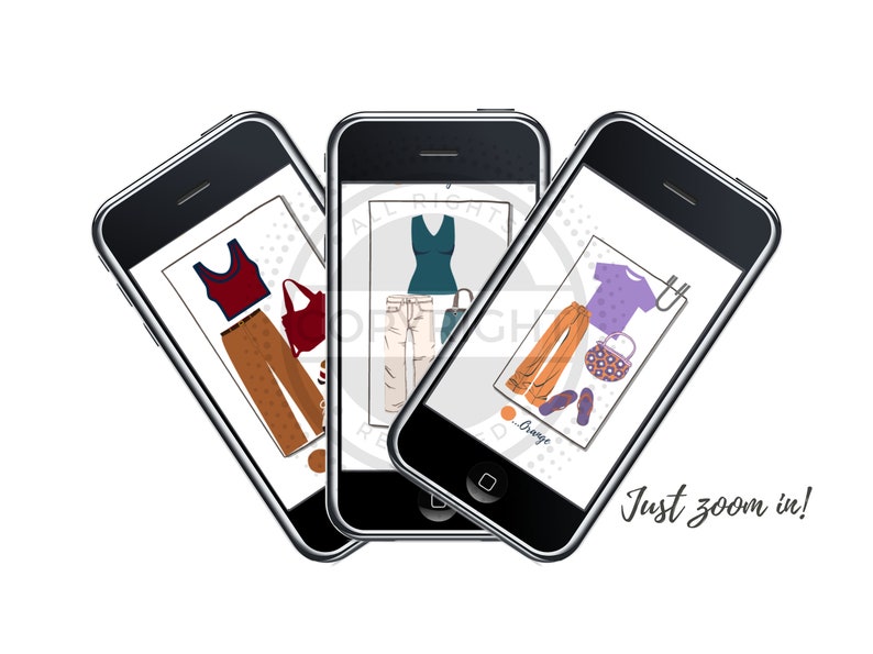 K&ouml;nnte beinhalten: Drei Smartphone-Bildschirme, die verschiedene Kleidungsoutfits anzeigen. Der erste Bildschirm zeigt ein rotes Tanktop, eine braune Hose und eine rote Tasche. Der zweite Bildschirm zeigt ein t&uuml;rkisfarbenes Tanktop, eine beige Hose und einen schwarzen Regenschirm. Der dritte Bildschirm zeigt ein lila T-Shirt, eine orange Hose, eine braune Tasche und lila Sandalen. Der Text "Just zoom in!" ist unter den Bildschirmen sichtbar.