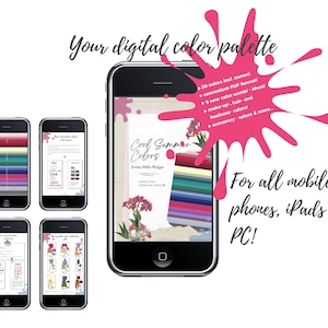 K&ouml;nnte beinhalten: Eine digitale Farbpalette f&uuml;r k&uuml;hle Sommerfarben, angezeigt auf einem Smartphone-Bildschirm. Die Palette enth&auml;lt 30 Farben mit Namen, Farbkombinationen und Ideen f&uuml;r Make-up, Haare, Business und Accessoires.