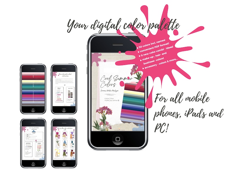 K&ouml;nnte beinhalten: Eine digitale Farbpalette f&uuml;r k&uuml;hle Sommerfarben, angezeigt auf einem Smartphone-Bildschirm. Die Palette enth&auml;lt 30 Farben mit Namen, Farbkombinationen und Ideen f&uuml;r Make-up, Haare, Business und Accessoires.