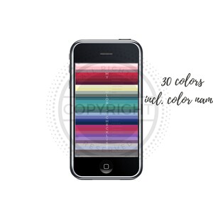 K&ouml;nnte beinhalten: Ein Smartphone, auf dem eine Farbpalette mit 30 Farben angezeigt wird, einschlie&szlig;lich der Farbnamen. Der Text "ALL RIGHTS RESERVED" ist auf dem Bildschirm sichtbar.