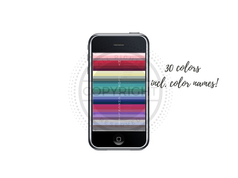K&ouml;nnte beinhalten: Ein Smartphone, auf dem eine Farbpalette mit 30 Farben angezeigt wird, einschlie&szlig;lich der Farbnamen. Der Text "ALL RIGHTS RESERVED" ist auf dem Bildschirm sichtbar.