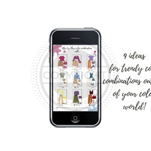 K&ouml;nnte beinhalten: Ein Smartphone-Bildschirm zeigt neun verschiedene Outfit-Kombinationen, jede mit einer anderen Farbpalette. Der Text auf dem Bildschirm lautet "Auch diese Farbkombinationen kaufen mit..." und "9 Ideen f&uuml;r trendige Farbkombinationen au&szlig;erhalb deiner Farbwelt!"