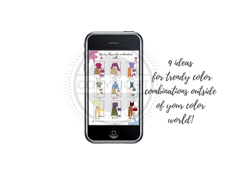 K&ouml;nnte beinhalten: Ein Smartphone-Bildschirm zeigt neun verschiedene Outfit-Kombinationen, jede mit einer anderen Farbpalette. Der Text auf dem Bildschirm lautet "Auch diese Farbkombinationen kaufen mit..." und "9 Ideen f&uuml;r trendige Farbkombinationen au&szlig;erhalb deiner Farbwelt!"