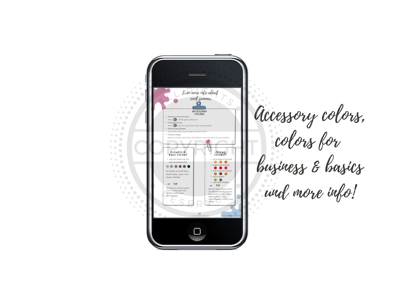 K&ouml;nnte beinhalten: Ein Smartphone zeigt einen Leitfaden f&uuml;r Farbpaletten f&uuml;r Kleidung. Der Leitfaden enth&auml;lt Abschnitte f&uuml;r "Accessoire-Farben", "Neutrale & Grundfarben" und "Warme Farben". Der Text auf dem Bildschirm lautet "Noch mehr Infos &uuml;ber den k&uuml;hlen Sommer".