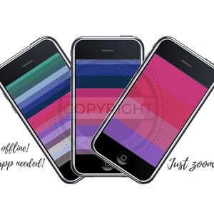 K&ouml;nnte beinhalten: Drei Smartphone-Mockups mit verschiedenen bunten gestreiften Hintergr&uuml;nden. Der Text "Funktioniert offline! Keine App erforderlich!" befindet sich links und "Einfach hineinzoomen!" rechts.