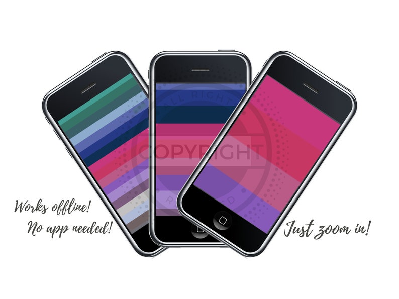 K&ouml;nnte beinhalten: Drei Smartphone-Mockups mit verschiedenen bunten gestreiften Hintergr&uuml;nden. Der Text "Funktioniert offline! Keine App erforderlich!" befindet sich links und "Einfach hineinzoomen!" rechts.