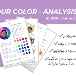 May include: A color analysis guide in PDF format, with a color wheel and swatches, showing the perfect colors for a cool true winter color type. The guide includes a checklist of features and a photo of a woman's face. The text on the guide says "So beautiful!" and "Your perfect colors".