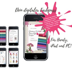 Könnte beinhalten: Ein digitaler Farbpass für Sommer- und Winter-Farbpaletten. Der Leitfaden wird auf einem Smartphone-Bildschirm angezeigt und enthält 30 Farben mit Namen, Farbkombinationen und Tipps für Make-up, Haare und Business-Outfits. Der Text lautet "Dein digitaler Farbpass" und "Für Handy, iPad und PC!"