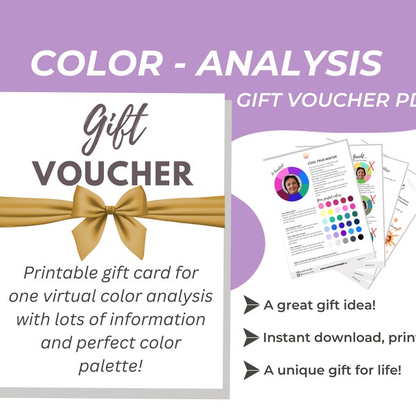 Gift voucher: Virtual color analysis, instant PDF download, printable US letter size & A4, a perfect gift, birthday, Mother's Day, Christmas