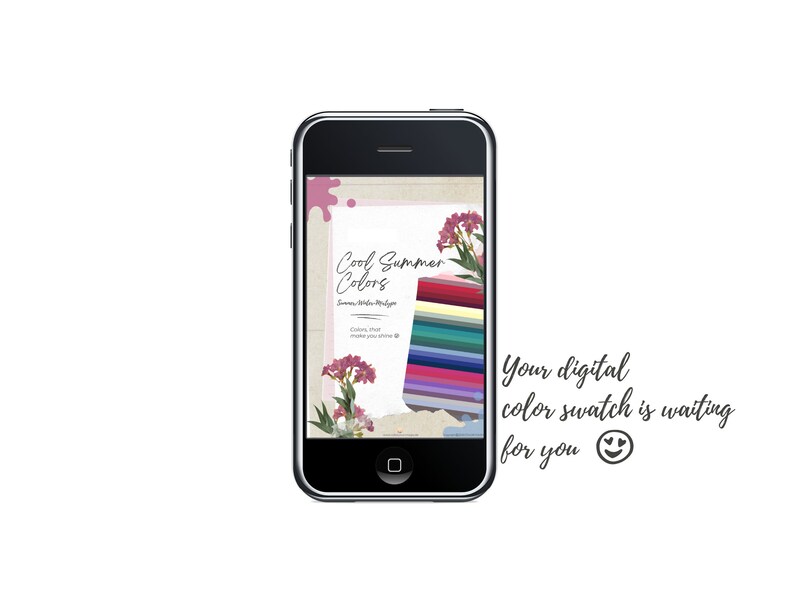 K&ouml;nnte beinhalten: Ein Smartphone-Bildschirm zeigt eine Farbpalette mit dem Text "Cool Summer Colors" und den Worten "Dein digitaler Farbmuster wartet auf dich" mit einem Smiley-Emoji.