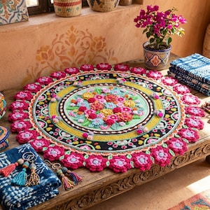 May include: A colorful, round, crocheted rug with a floral design. The rug features a central floral arrangement in shades of pink, yellow, and blue, surrounded by a black border and a pink scalloped edge. The rug is displayed on a wooden table.