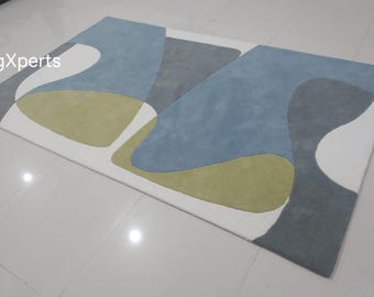 Alfombra abstracta moderna para sala de estar, dormitorio, alfombra de lana con mechones hechos a mano de diseñador contemporáneo que se puede personalizar en cualquier forma, tamaño y color.