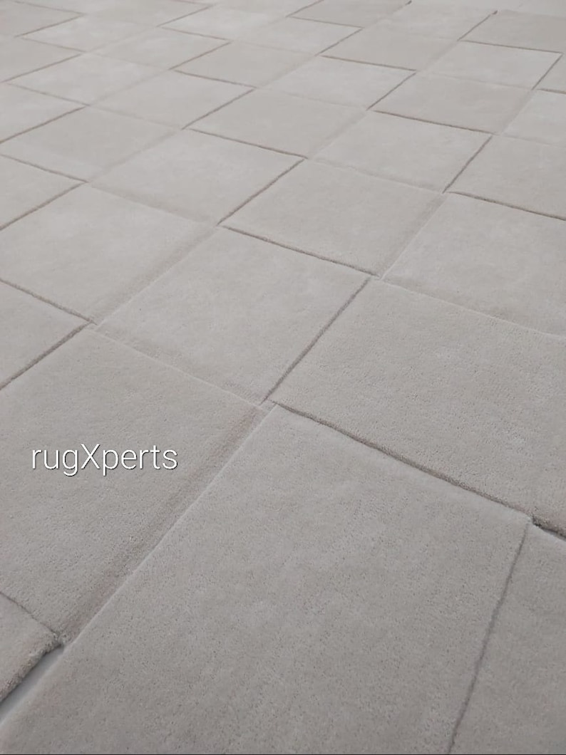 Pu&ograve; includere: Primo piano di un tappeto grigio chiaro con un motivo quadrato. Il tappeto &egrave; realizzato in un materiale morbido e soffice e ha una lucentezza discreta. Il testo "rugXperts" &egrave; visibile nell'angolo in basso a sinistra dell'immagine.