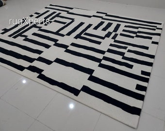 modern abstract stripes area rug for living room , bedroom , contemporary designer hand tufted wool 8x10 rug