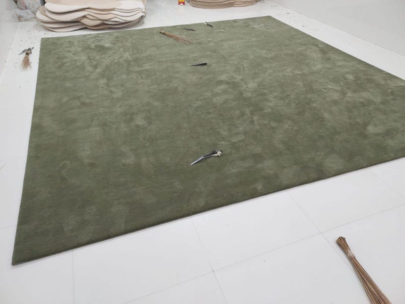 May include: A large, olive green rug with a soft, textured appearance. The rug is rectangular and covers a significant portion of the floor. Several small objects are scattered across the surface, and a broom is visible in the corner. The rug is a home decor item.