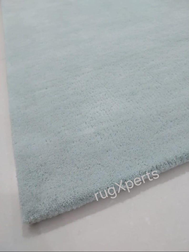 May include: A rectangular, light blue rug with a soft, textured surface. The rug has a plush appearance and is likely made of a comfortable material. The rug's color is a muted, pastel shade of blue.