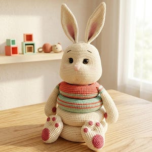 May include: A handmade, cream-colored crochet bunny toy with long ears, a pink nose, and dark eyes. The bunny wears a striped red and green neckpiece and has pink accents on its paws and inner ears. It is sitting on a wooden surface.
