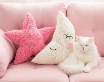 Patrón de cojín de estrella y luna a crochet, tutorial para hacer un cojín amigurumi, linda decoración para la habitación del bebé, idea de regalo hecha a mano.