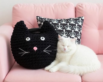 Patrón de cojín de gato a crochet, tutorial de cojín amigurumi DIY, decoración de gatito adorable, idea de regalo hecha a mano