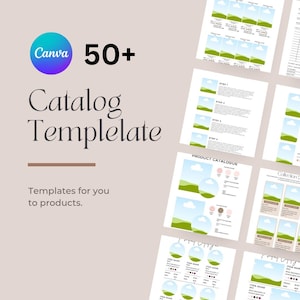 Può includere: Un modello di catalogo Canva con il testo "50+" e "Catalog Template". L'immagine mostra diverse pagine di catalogo con segnaposto per prodotti ed elementi di design. È visibile anche il testo "Templates for you to products".