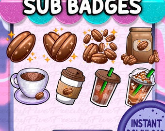 Può includere: Un set di badge digitali che rappresentano caffè, caffè freddo e un sacchetto di chicchi di caffè. I badge sono disegnati in stile cartone animato con colori vivaci e uno sfondo scintillante. Il testo "PRETTYLILSNACKS SUB BADGES" è in alto nell'immagine. Il testo "INSTANT DOWNLOAD" è in basso nell'immagine.
