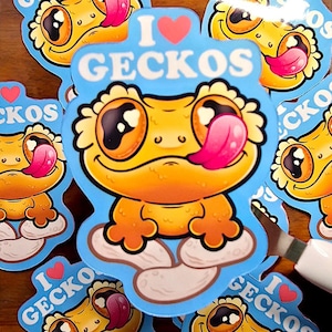 I LOVE Crested Geckos 3&quot; Vinyl Sticker | Lizard stickers | Reptile lover gifts | Lizard Magnet | Cut Crested gecko art | animal sticker pack