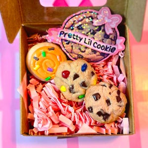 Op de afbeelding: Een bruine kartonnen doos gevuld met roze papiersnippers en verschillende koekjes. De koekjes zijn onder meer een swirlkoekje met hagelslag, een chocolate chip cookie en een koekje met de tekst "Pretty Lil Cookie" op een roze banner.