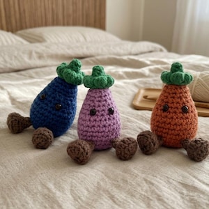 Patrón de ganchillo de verduras en PDF, tutorial de amigurumi de berenjena y zanahoria, comida de ganchillo de baja costura, cocina de juguete DIY, descarga digital en inglés