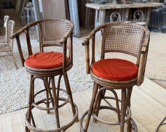 Pair of Vintage Bamboo Rattan and Corduroy Barstools Mid Century Tiki Bar Swivel Chairs