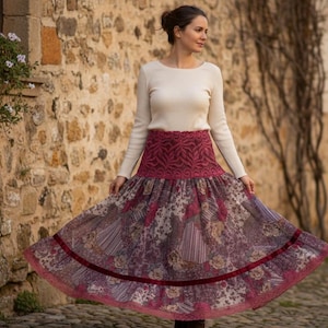 Saia maxi boho patchwork, saia feminina multicolorida com detalhes em renda.