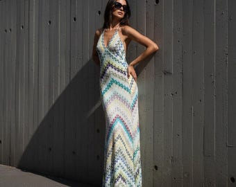 Robe longue dos nu multicolore à chevrons, robe bohème pour les vacances d'été