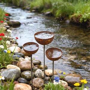 Może przedstawiać: Trzy zardzewiałe metalowe poidełka dla ptaków z wodą, ustawione w pobliżu strumienia z kamieniami i kolorowymi dzikimi kwiatami. Woda w poidełkach ma zmarszczki od deszczu.