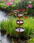 Rain Catcher Garden Stake 26.7 In, Rust Patina Metal Waterer, Pollinator Insect Water Bowl, Outdoor Yard & Bed Decoration