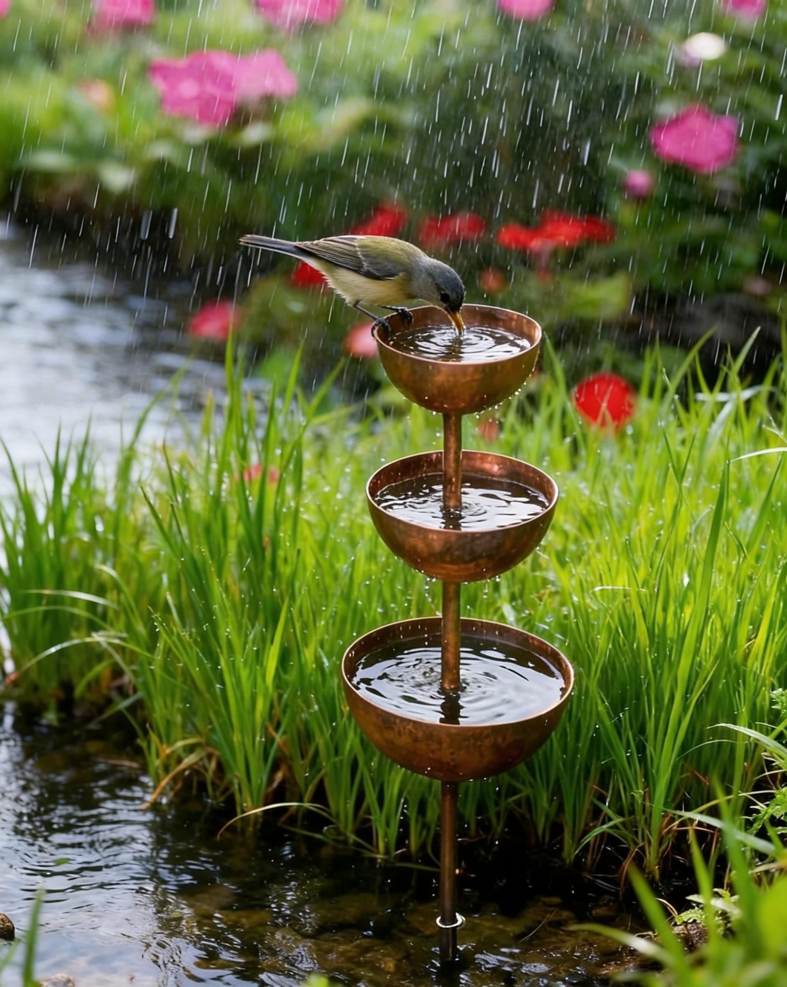 Rain Catcher Garden Stake 26.7 In, Rust Patina Metal Waterer, Pollinator Insect Water Bowl, Outdoor Yard & Bed Decoration