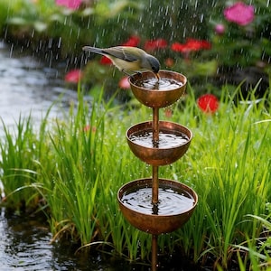 Rain Catcher Garden Stake 26.7 In, Rust Patina Metal Waterer, Pollinator Insect Water Bowl, Outdoor Yard & Bed Decoration