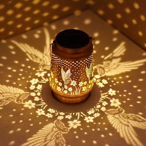 Hummingbird II Solar Lantern, Hanging Garden Light, Metal Cut-Out Shadow Lantern, Solar Powered Patio Decor Gift