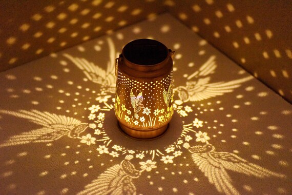 Hummingbird II Solar Lantern, Hanging Garden Light, Metal Cut-Out Shadow Lantern, Solar Powered Patio Decor Gift