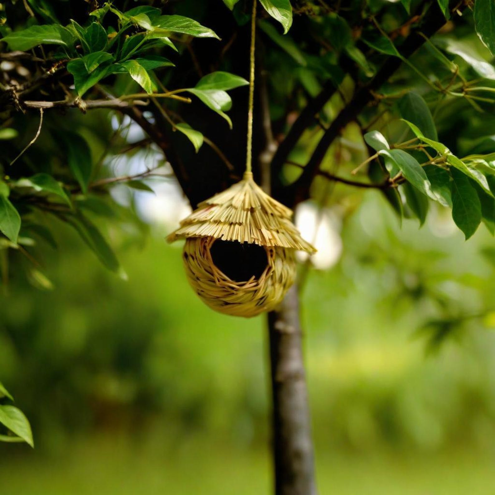 Garden Woven Hanging Birdhouse, Handmade Wooden Bird House for Finches, Natural Chickadee Shelter, Outdoor Garden and Porch Deco
