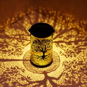 Tree Solar Garden Light, Outdoor Hanging Light, Metal Cut-Out Shadow Lantern, Solar Powered Patio Decor Gift