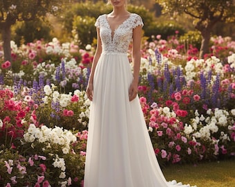 Boho Lace A-Line Wedding Dress V Neck Open Back Bridal Gown