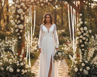 Boho Lace Chiffon Wedding Dress Long Sleeve Elopement A-Line Slit
