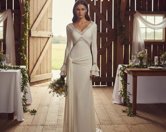 Vestido largo bohemio de encaje fruncido con escote en V y manga larga sin espalda