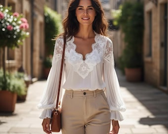 Elegante witte blouse met V-hals en pofmouwen voor dames