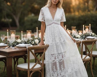 Simple Boho White Lace Maxi Dress Embroidery Loose Vacation Wedding Dress