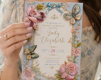 Regency Era Birthday Invitation, Embroidered Floral Butterfly Party Invite, Editable Canva Template